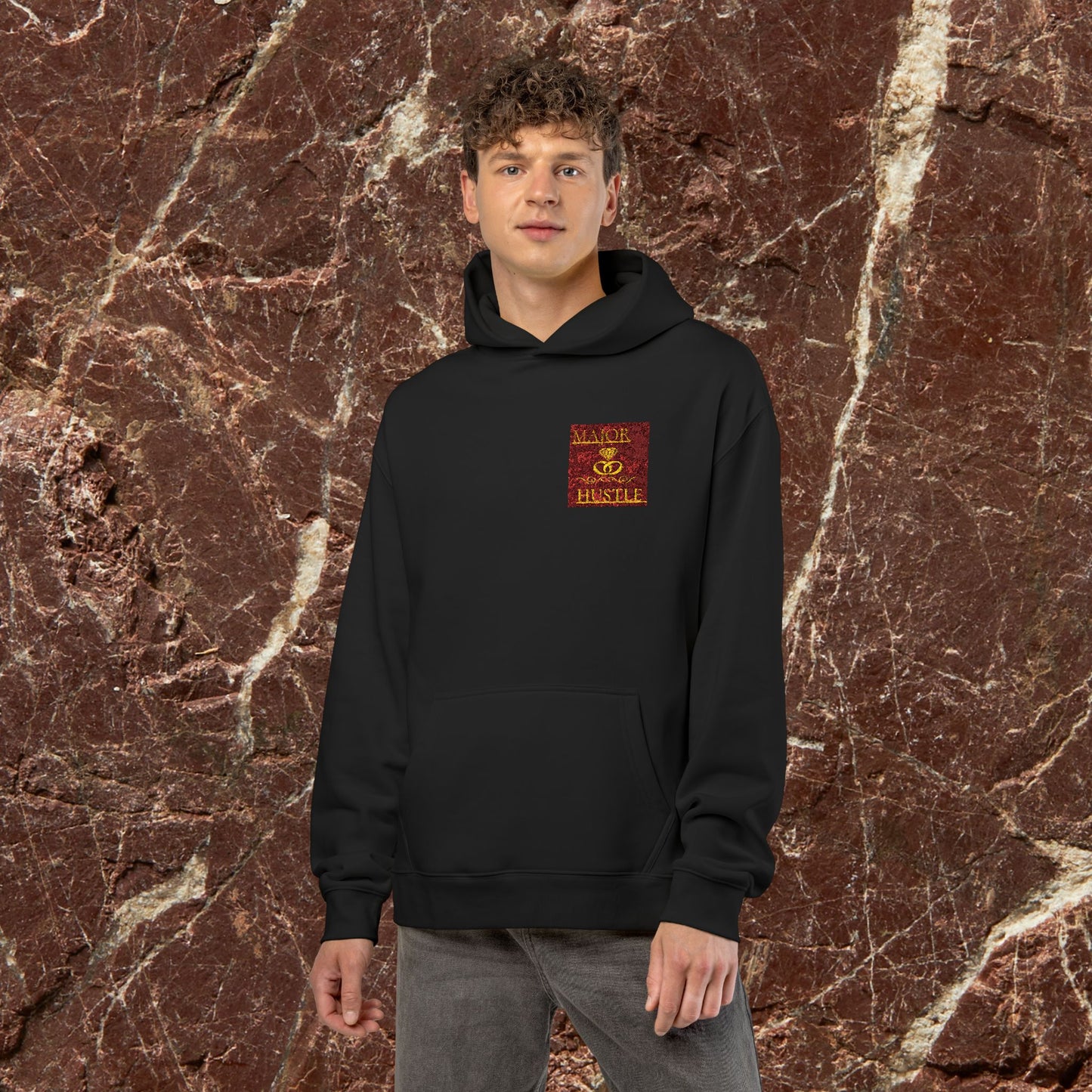 Relaxed Hoodie with Vintage Gold Dragon Chest Patch — Cozy Streetwear Pullover